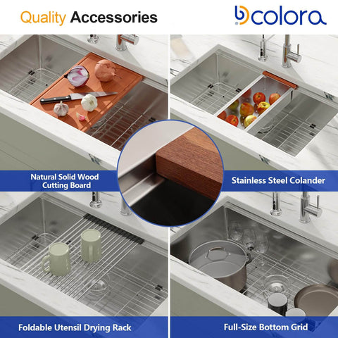 Undermount 33 Inch Stainless Steel Workstation Kitchen Sink Heavy-Duty 16 Gauge 304 Handmade Welded Construction With Accessories Round Corner Brushed Wear-Resistant Finish Deep Single Bowl Measures 33x19x10 Inches Model DCU7701 shown with accessories like cutting board and colander