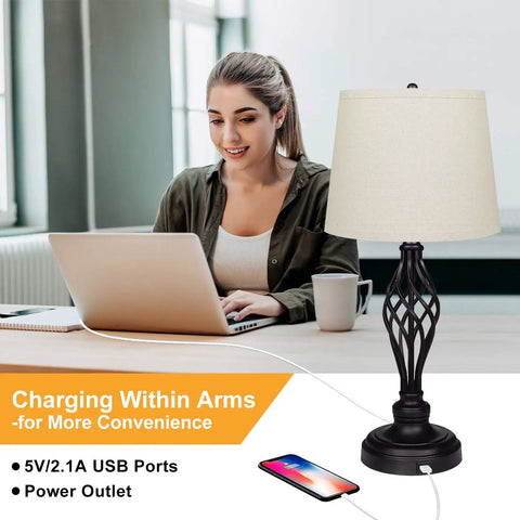 Woman using laptop near Two Pack Of 3 Way Dimmable Touch Lamps With USB Port And AC Outlet, cream shade, phone charging