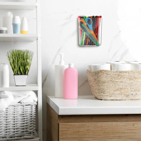 Installed Six Pack Wall Mount Organizer Set Acrylic File Holder Adhesive Cabinet Door Organizer in bathroom with toiletries.