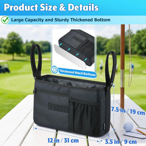 Ultimate Golf Cart Organizer Bag With Drink Holders And Adjustable Compartments displayed with dimensions outdoors.