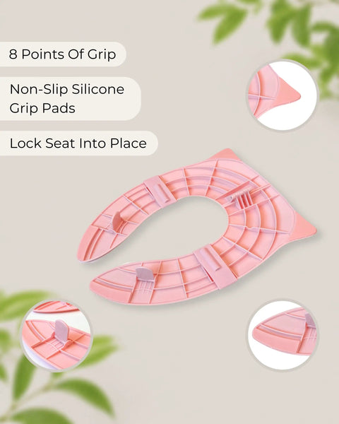 Foldable Travel Potty Seat For Toddlers Featuring A No Pinch Silicone Grip And Slick Non Slip Base with grip pads shown.