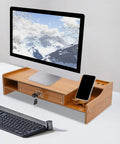 Transform Your Workspace With These Solid Wood Monitor Risers Featuring A Lockable Storage Drawer With Secure Laptop Stand Built Like Iron To Keep Your Desk Slick And Super Organized Daily. Solid wood monitor riser with drawer and phone holder.