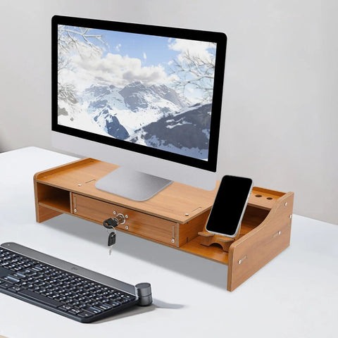 Transform Your Workspace With These Solid Wood Monitor Risers Featuring A Lockable Storage Drawer With Secure Laptop Stand Built Like Iron To Keep Your Desk Slick And Super Organized Daily. Solid wood monitor riser with drawer and phone holder.