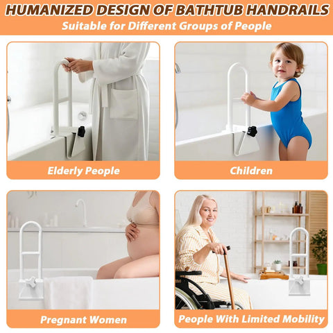 Bathtub Safety Rail With Adjustable Clamp And Grasp Handle For Easy Entry And Exit, ideal for children, elderly, pregnant women, and mobility-impaired individuals
