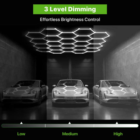 Hexagon Garage Light System With 22 Grids 3 Level Dimmable 581W 63910LM LED Ceiling Light over cars