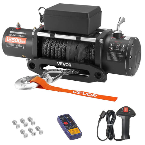 Beefy 13,500 Lb Electric Winch For Off Road Recovery, 12V DC Truck Winch With 3/8 In 85 Ft Synthetic Rope, Wireless And Wired Remote, IP55 Waterproof, Heavy Duty Recovery For SUVs Jeeps Trailers Boats. Black electric winch with synthetic rope, hook, and remotes