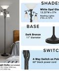 Traditional Torchiere Floor Lamp With Two Reading Lights, 72 Inches Tall, Oil Rubbed Bronze Finish, Rustic Leaf Accents