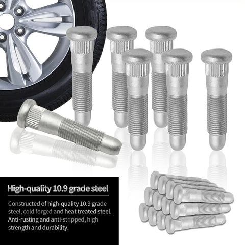 12 Pack M14x1.5 Wheel Lug Stud Replacement for GM Trucks and SUVs, chrome steel, near wheel, high-grade 10.9 steel description
