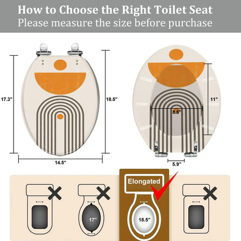 Elongated Toilet Seat Resin Bathroom with size chart, measuring 14.5" x 18.5", installation guide for compatibility.