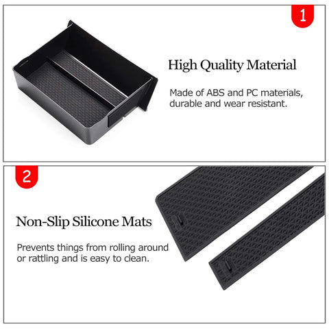Tesla Model S And X Center Console Cubby Drawer Organizer Storage Box Drop-In with non-slip silicone mats, ABS and PC material