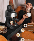 3.5 Bar Espresso Machine with Milk Frother, 800W Compact Espresso and Cappuccino Maker in a cozy setting with a woman enjoying coffee