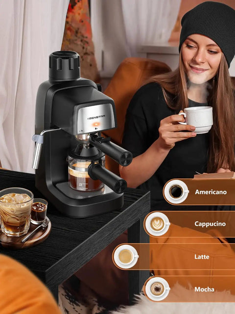 3.5 Bar Espresso Machine with Milk Frother, 800W Compact Espresso and Cappuccino Maker in a cozy setting with a woman enjoying coffee