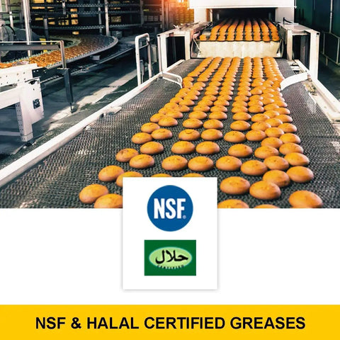 Bakery conveyor with buns using Food Grade NLGI 2 Synthetic Grease With Calcium Sulfonate Thickener, NSF H1 registered