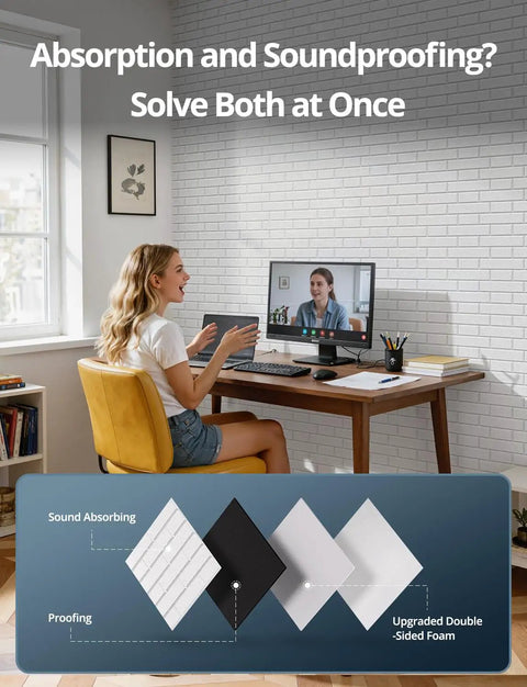 A woman at a desk using a computer, with Heavy Duty Acoustic Sound Absorbing Honeycomb Wall Panels behind her for sound control.