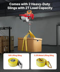 Heavy Duty 2200 Pounds Electric Hoist 110V 40 Ft Lift With 14 Ft Corded Remote lifting a box with yellow 13ft and 3.2ft slings.