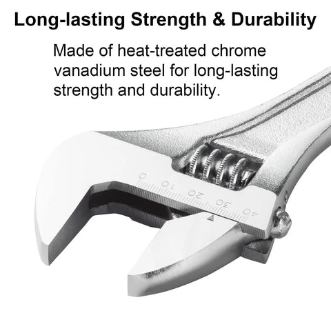 Close-up of 24 Inch Extra Long Adjustable Wrench With Chrome Vanadium Steel showing dual scale and rust resistant finish