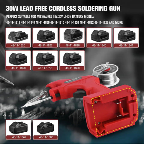 Cordless Soldering Iron Kit Compatible With Milwaukee 18V Batteries, 30W Soldering Gun shown with battery connectors visible