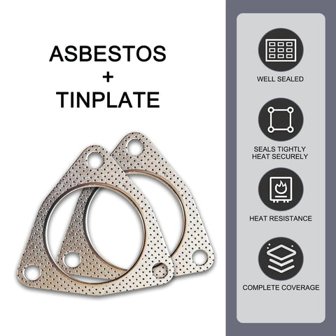 Front view of silver triangular exhaust gasket plates with three bolt holes and perforated surface