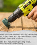 Person using drill with bristle disc for polishing wood, Six Pack 2 Inch Bristle Discs Set With Grit 50 80 120 For Grinding Polishing And Coating Removal On Metal Compatible With Drill And Rotary Tools Clear Grit Coding For Quick Material Cleanup And Smooth Finish