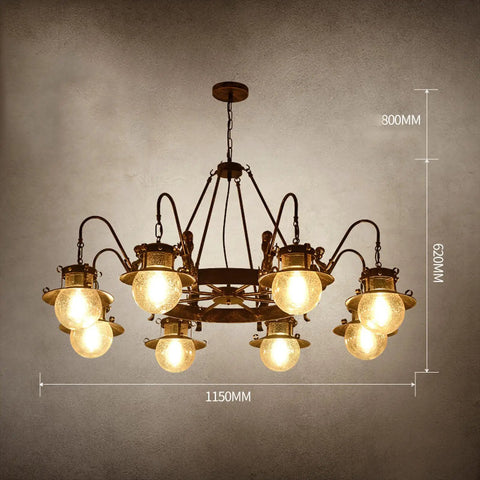 Killer Vintage Box Chandelier Pendant Light Fixture Offering Smooth Industrial Vibe Plus 115 Cm Width and Retro Hanging Design, featuring 8 glass bulbs.