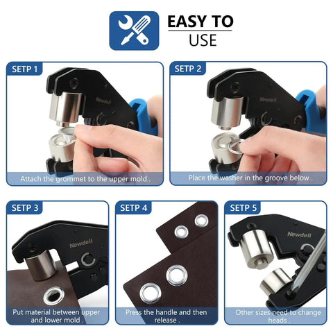 Easy Grommet Plier Kit With 500 Silver Eyelets 3/8-Inch And 1/4-Inch For Fabric Tarps And Leather in step-by-step usage guide