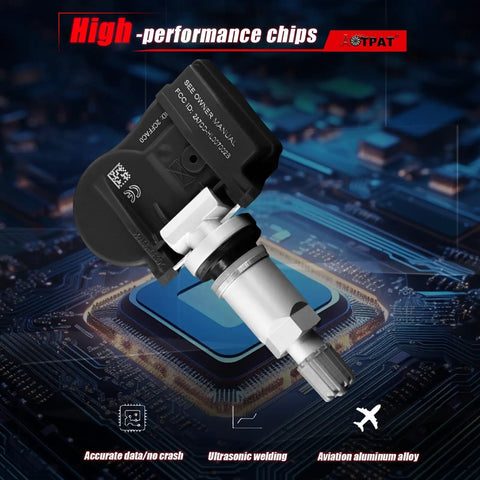 Plug And Play TPMS Tire Pressure Sensor Replacement Set Pre Programmed For Cadillac Escalade 2007 2020 Buick Envision Chevrolet Silverado Avalanche Express Hummer 315MHz OE 13598771 13598772 13586335 Four Pack black sensor close-up