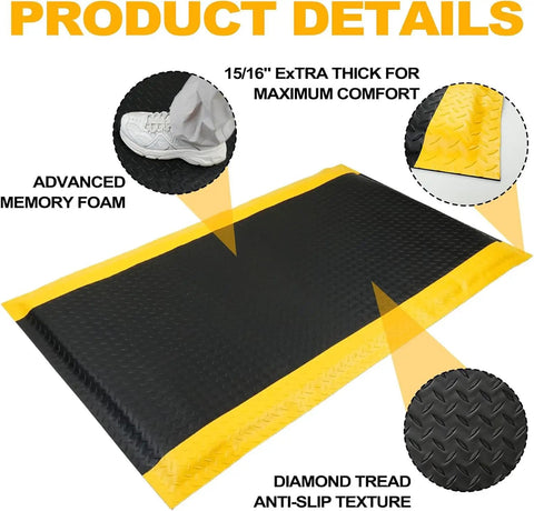 2 Pack 3 By 5 Foot Anti Fatigue Mats With 15/16 Inch Thick High Density Memory Foam Core Non Slip Diamond Plate Work Mat