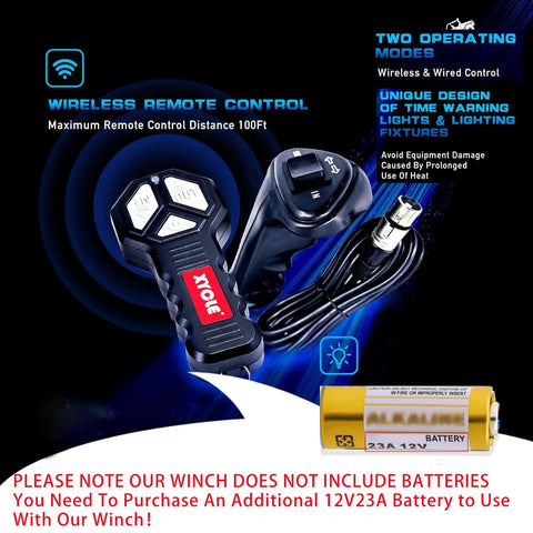 Wireless remote control for XYCLE 12000 Lb Electric Winch with 100ft range and wired options for towing use.