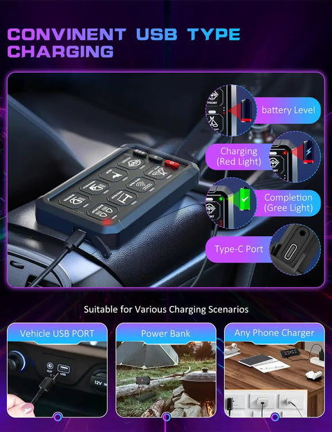 Wireless Switch Panel 12V 8 Gang With Remote Control and USB charging options displayed in a car interior setting.