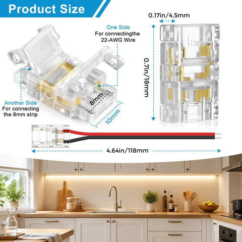 Twenty Pack 8Mm Two Pin Solderless Led Strip To Wire Connectors Snap And Go Transparent Adapters for 5V 12V 24V with product size details.