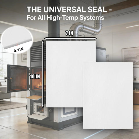 Front view of two white high-temperature gasket paper sheets, 7 x 10 in, 1/8 in thick for furnaces and stoves.