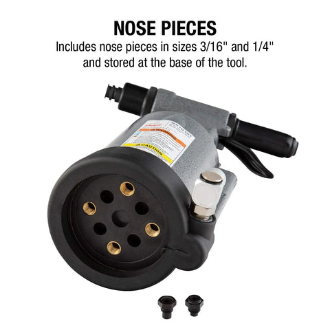 Heavy Duty Rivet Gun Packing 3690 Lbs Of Raw Pulling Power Sets 3 16 And 1 4 Inch Blind Rivets with stowed nosepieces.