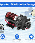 Premium 12 Volt Diaphragm Water Transfer Pump showing 5-chamber design, equipped for high water pressure and flow adjustments.