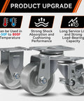 Three Inch Industrial Cast Iron Casters Set Of Four Heavy Duty Swivel Wheels With 1400 Lb Capacity For Furniture Workbenches And Carts Semi Steel Yokes Durable Galvanized Finish, showing wheel design and metal yokes.
