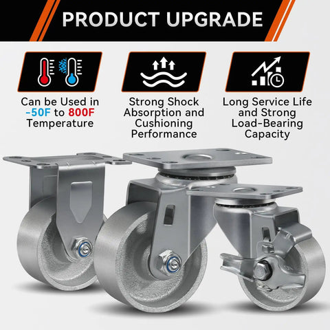 Three Inch Industrial Cast Iron Casters Set Of Four Heavy Duty Swivel Wheels With 1400 Lb Capacity For Furniture Workbenches And Carts Semi Steel Yokes Durable Galvanized Finish, showing wheel design and metal yokes.