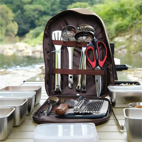 Outdoor Cutlery Portable Set for Camping and Picnics with Secure Pouch and Built In Elastic Slots Keeps Utensils From Shifting Durable