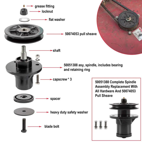 Top Shelf Heavy Duty Spindle Assembly Pull Sheave Kit Part 50051388 with detailed components for Bush Hog mowers and rotary cutters.