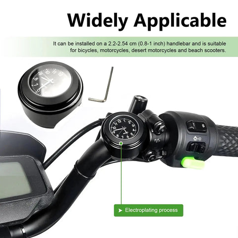 Motorcycle Handlebar Clock Waterproof Anti Vibration Ride Ready Timepiece on black handlebar with wrench