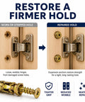 Comparison of cabinet hinge repair with 6 By 14 Mm Short Expansion Screw Set For Cabinet Hinges Repair Kit showing results before and after