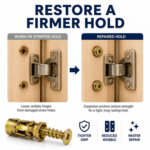 Comparison of cabinet hinge repair with 6 By 14 Mm Short Expansion Screw Set For Cabinet Hinges Repair Kit showing results before and after