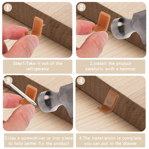 Installation steps for 30 Piece Drawer Glide Repair Kit Featuring Tack In Runners And L Shape Stops Nail On Hardware For Dressers.
