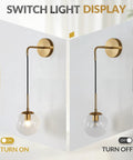 Mid Century Modern Globe Wall Sconce in Brushed Brass Gold with Clear Glass Bubble Ball Bathroom Vanity Bedside Light Fixture Vintage Style Wall Lighting for Living Room