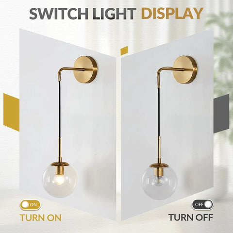 Mid Century Modern Globe Wall Sconce in Brushed Brass Gold with Clear Glass Bubble Ball Bathroom Vanity Bedside Light Fixture Vintage Style Wall Lighting for Living Room