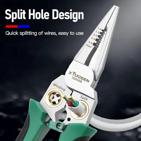 Close-up of Do It All Electrician Wire Stripper With Built In Power Meter, showing split hole design for cutting and crimping wires.