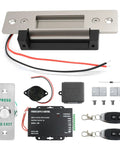 Straight Up Secure 2026 Upgraded Electric Strike Door Lock Kit With Remote Access Control includes strike, power supply, keys.