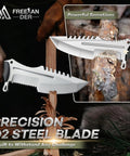 Rugged Fixed Blade Survival Knife With D2 Steel Full Tang Outdoor Bushcraft Knife in action with serrated edge detail