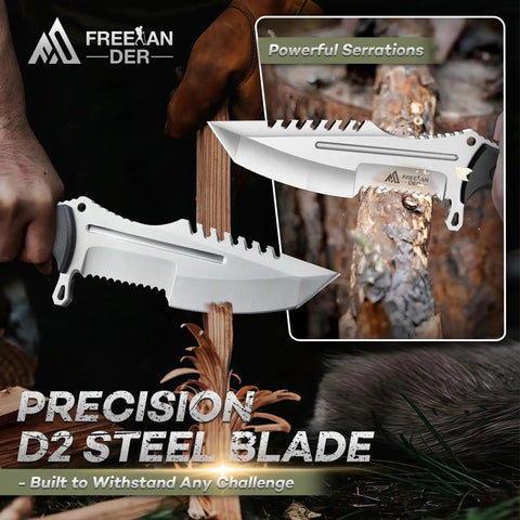 Rugged Fixed Blade Survival Knife With D2 Steel Full Tang Outdoor Bushcraft Knife in action with serrated edge detail