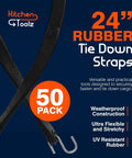 24-inch rubber tie down straps with hooks, 50 pack, kitchen toolz branding, heavy duty, weatherproof, ultra flexible and stretchy