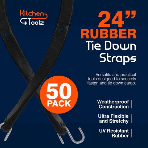 24-inch rubber tie down straps with hooks, 50 pack, kitchen toolz branding, heavy duty, weatherproof, ultra flexible and stretchy