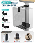 Heavy Duty Under Desk PC Mount With No Drill Clamps Keeps CPU Secure Like A Champ Fast No Sweat Install image showing compatible desk leg sizes.